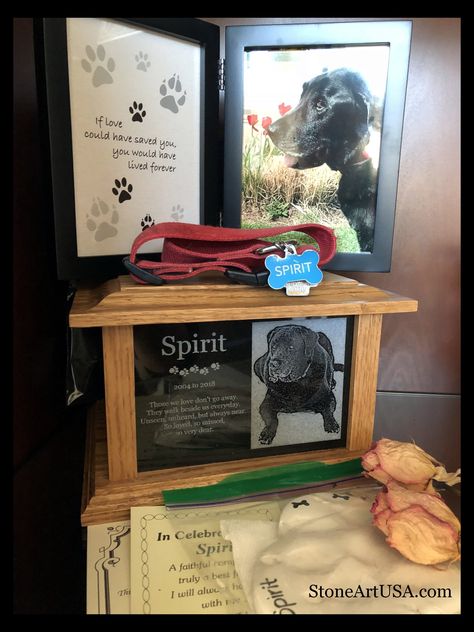 R.I.P. Spirit ~ large oak & granite custom urn by StoneArtUSA.com Dog Urn Display At Home, Urn Display At Home, Pet Cemetery, Custom Urns, Dog Urns, Pet Urns, Stone Art, Cemetery, Fur Babies