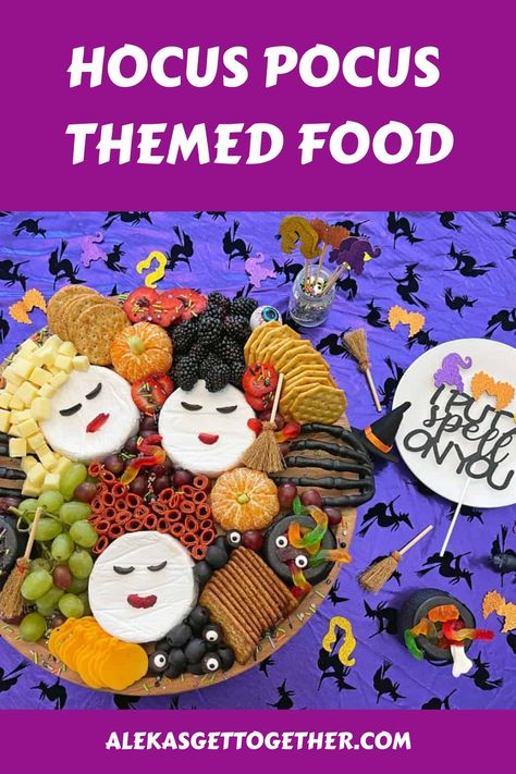 Fun and spooky Hocus pocus themed food such as appetizers and desserts for your next Halloween party! Witches are the theme! Halloween Shower Food, Halloweentown Themed Dinner, Hocus Pocus Brunch, Hocus Pocus Appetizers, Hocus Pocus Dinner And Movie, Hocus Pocus Rice Krispie Treats, Hocus Pocus Themed Dinner, Witch Party Food, Witch Themed Food