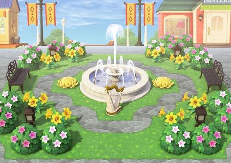 Fountain plaza inspo Nintendo Switch Animal Crossing, Motif Acnl, Plaza Design, Animal Crossing 3ds, Animals Crossing, Animal Crossing Memes, Animal Crossing Guide, Acnh Design, Animal Crossing Wild World