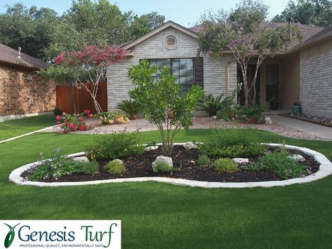 We know how to keep the neighbors jealous!  #ArtificialTurf #ArtificialGrass #ArtificialLawnTurf #SyntheticGrass #SyntheticTurf #GenesisTurf #Turf #Landscape #Florida #Tampa #Orlando #Dallas #Houston #Virginia #YeahThatGreenville #Relax Front Yard Landscaping Ideas With Artificial Turf, Artificial Lawn Front Yard, Fake Grass Front Yard Ideas, Kidney Shaped Landscape Bed, Fake Grass Front Yard, Turf Front Yard Ideas, Artificial Turf Front Yard, Artificial Grass Front Yard, Turf Front Yard