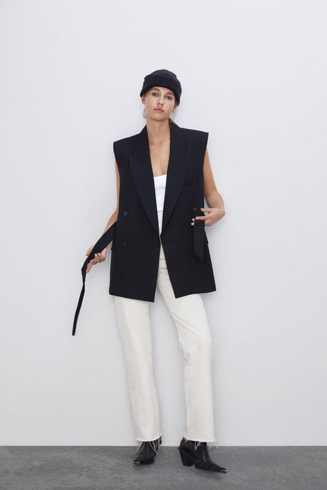 Zara Belted Vest Vest Blazer Outfit, Blazer Vest Outfit, Sleeveless Blazer Outfit, Long Vest Outfit, Black Vest Outfit, Waistcoat Outfit, Vest Outfits For Women, Spring Blazer, Outfit Upgrade