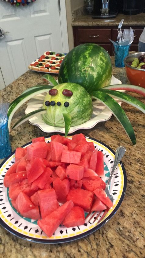 Watermelon spider Made by my brother for his sons insect themed birthday party Spider Themed Party, Spider Themed Birthday Party, Spider Watermelon, Bug Themed Food, Watermelon Creations, Movie Night Party Theme, Watermelon Monster, Bug Birthday Cakes, Spider Food