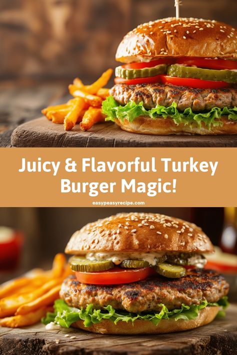 Juicy turkey burger with lettuce, tomato, pickles, and a side of fries on a wooden board. Turkey Burgers Recipes, Best Turkey Burger Recipe, Turkey Burger Recipes Healthy, Pizza Burgers Recipe, Best Turkey Burgers, Turkey Burger Recipe, Juicy Turkey, Easy Zucchini Recipes, Beginner Recipes