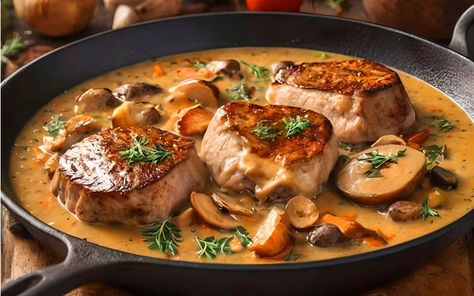 Golden Mushroom Pork Chops Recipe Pork Chop Golden Mushroom Soup, Golden Mushroom Soup Pork Chops, Golden Mushroom Pork Chops, Mushroom Soup Pork Chops, Soup Pork, Golden Mushroom, Pork Chop Casserole, Golden Mushroom Soup, Pork Chop Recipes Crockpot