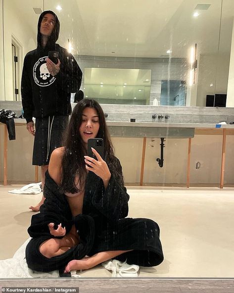 Kourtney Kardashian outdid herself on Wednesday evening as she shared a nearly nude snap in an undone bathroom alongside boyfriend Travis Barker while quarantining Kardashian Christmas, Kourtney Kardashian Instagram, Travis Barker, Kris Jenner, New Haircuts, Kardashian Jenner, Kourtney Kardashian, The Floor, Kylie Jenner