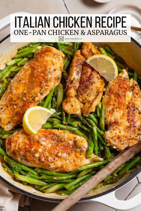 One pan chicken asparagus recipe with white wine and lemon. Make this Italian chicken asparagus recipe for an easy weeknight dinner. Tahini Chicken, Chicken With Asparagus, White Wine Recipes, Lemon Chicken With Asparagus, Chicken And Asparagus, The Mediterranean Dish, Chicken Asparagus, Spring Dinner, Slim Fast