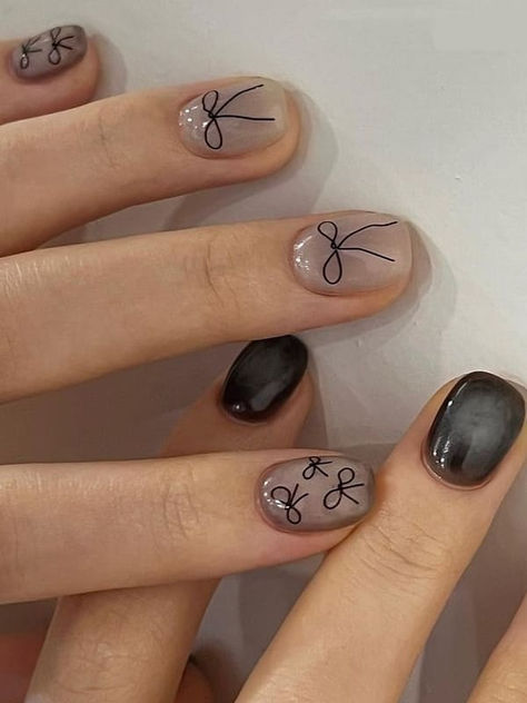 Korean bow nails: gray and black jelly nails Black Bow Nail Design, Nail Korean Style Minimal, Nail Korean Style Black, Black Jelly Nails, Black Bow Nails, Txt Nails, Ribbon Nails, Bow Nail Designs, Bow Nail Art