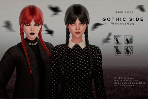 GOTHIC SIDE SET - Wednesday | Daylife Sims on Patreon Wednesday Addams Hairstyle, Daylife Sims, Wednesday 2022, 4 Braids, Pelo Sims, Sims 4 Mm Cc, Sims 4 Expansions, Sims 4 Teen, Sims 4 Mm