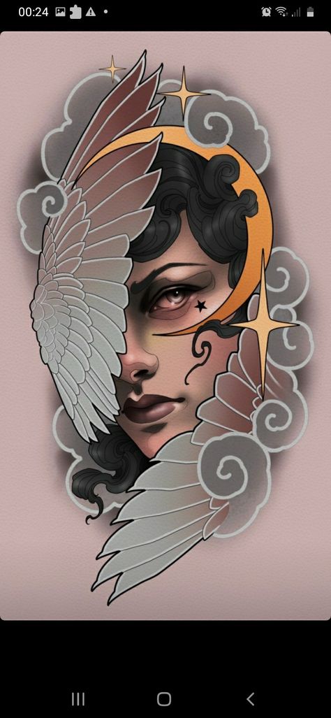 Bird Lady Tattoo, Neo Traditional Valkyrie Tattoo, Neo Traditional Filigree, Neotrad Portrait Tattoo, Neotraditional Goddess Tattoo, Neotrad Lady Face, Neo Trad Lady Face, Neo Traditional Lady Face, Neo Traditional Portrait