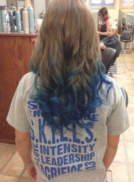 Hair Dyed Brown, Blonde Hair With Blue Tips, Brown Hair Tips, Blue Tips Hair, Dyed Ends Of Hair, Blonde And Blue Hair, Blue Brown Hair, Kids Hair Color, Dyed Tips