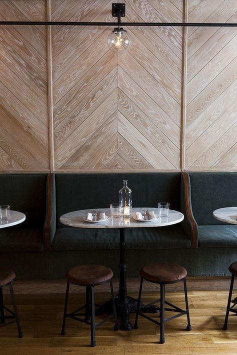 Trend alert. The East Pole Restaurant in NYC features a chevron-paneled wall; photograph by Nicole Franzen. Café Design, Design Café, Banquette Seating, Design Del Prodotto, Hotel Decor, Adirondack Chairs, Hospitality Design, Restaurant Interior, Cafe Interior