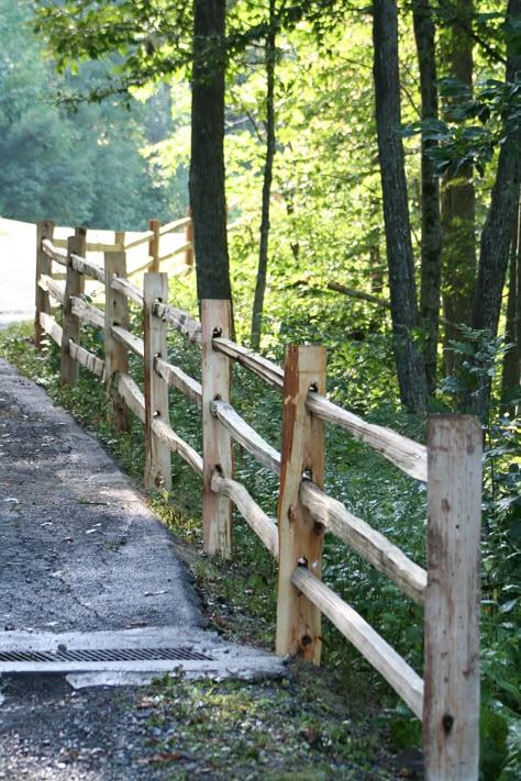 Fence In The Woods, Rustic Wood Fence Ideas, Cabin Driveway, Cedar Split Rail Fence, Log Fence, Driveway Fence, Split Rail Fence, Country Fences, Rustic Fence