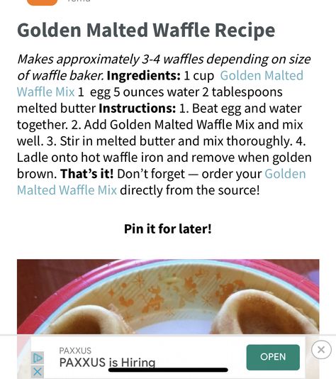 Golden Malted Waffle Recipe, Malted Waffle Recipe, Waffle Recipe, Waffle Mix, Waffle Iron, Waffle Recipes, Melted Butter, Waffles