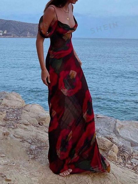 New Design Printed Chiffon Off-Shoulder Sheer Beach Dress For Women | SHEIN USA Long Dress Off Shoulder, Mesh Long Dress, Backless Long Dress, Holiday Dress Outfit, Dress Off Shoulder, Suspender Dress, Dress Evening, Floral Sleeveless, Mermaid Dresses