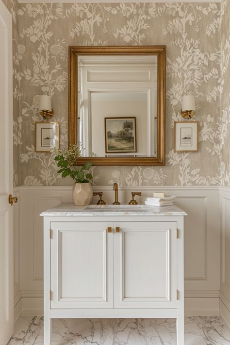 Powder Bath: Elegant Powder Bath, Floral Wallpaper Bathroom, Coastal Farmhouse Bathroom, White Vanity with Marble Top, Brass Fixtures, Small Bathroom Design, Neutral Bathroom Decor, Classic Powder Room, Gold Framed Mirror, Textured Wall Decor, Vintage Inspired Bathroom, Farmhouse Style Bath, Sophisticated Bathroom Ideas Powder Room Ideas Neutral, White Marble Bathroom With Wallpaper, Small Powder Room Wallpaper Vintage, Powder Room French Country, Bathroom With Wayne’s Coating, Wallpaper In Small Powder Room, Guest Bathroom With Wallpaper, Powder Room Ideas With Wallpaper, Tan Vanity Bathroom