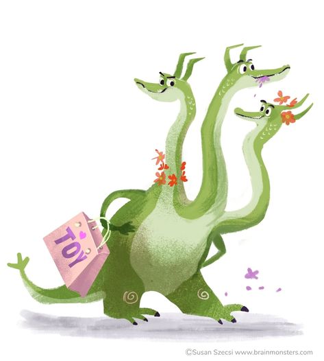 three-headed funny green dragon for picture books going on a shopping spree Mother Nature Character, 3 Headed Dragon, Medieval Core, Dragon Character, Childrens Book Characters, Fall Landscape, Modern Illustration, Dragon Illustration, Cute Squirrel