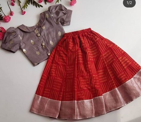 Pattu Pavada Blouse Designs, Pattupavadai Designs For Kids, Kids Blouse Designs For Lehanga, Pattupavada For Kids, Pattu Langa For Kids, Pattu Pavadai Kids Blouse Designs, Traditional Dress For Baby Girl, Blouse Designs For Kids, Kids Traditional Dress