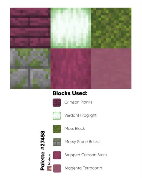 Minecraft Block Palette using crimson planks, verdant froglights, moss block, mossy stone bricks, stripped crimson stem, and magenta terracotta. #minecraft #minecraftbuildingideas #minecraftbuild #minecraftaesthetic #aesthetic #tiktok #mcyt #minecraftcottagecore Minecraft Block Palette Crimson, Block Patterns Minecraft, Minecraft Terracotta Colors, Minecraft Wall Palette, Crimson Plank House Minecraft, Warped Wood Pallet Minecraft, Pink Terracotta Minecraft, Best Minecraft Block Combinations, Minecraft Aesthetic Block Palette