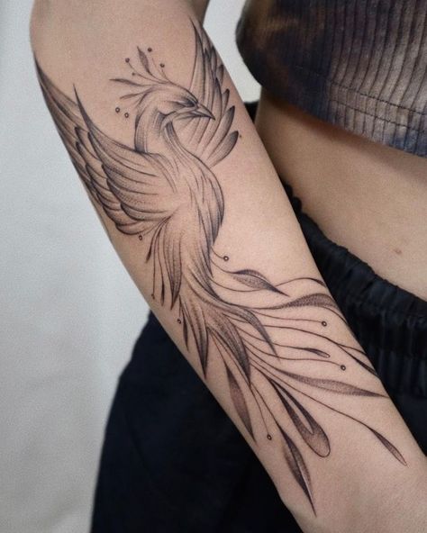 Rebirth Sleeve Tattoo, Best Forearm Tattoos Women, Phoenix Tattoo Back Of Arm, Women’s Arm Tattoo Ideas, Large Phoenix Tattoo Feminine, Sunflower Phoenix Tattoo, Phoenix Tattoo On Forearm, Phoenix Bird Tattoos Woman Arm, Phoenix Tattoo Women Feminine