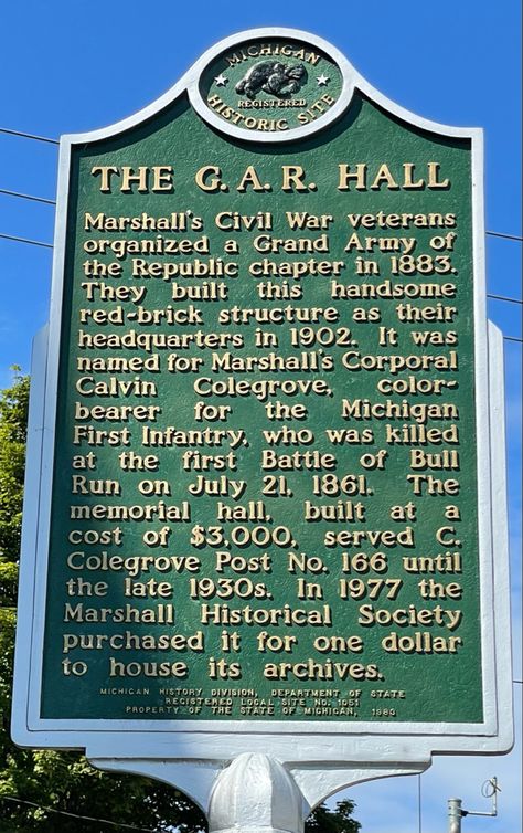 Michigan Facts, The Marshall, Bull Run, One Dollar, Historical Society, Historical Sites, A R, Michigan, Markers