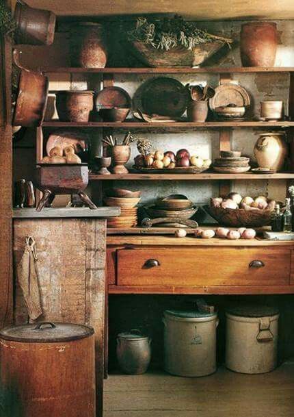 Prim Rustic Kitchen Storage, Primitive Country Kitchen, Wooden Shelves Kitchen, Shelf Makeover, Old Fashioned Kitchen, Primitive Homes, Kitchen Storage Shelves, Country Kitchen Decor, Primitive Kitchen