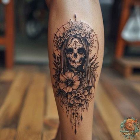 Santa Muerte Tattoo For Women, New Mexico Tattoo Ideas, La Tattoo Ideas, Dia De Los Muertos Tattoo Ideas, Mexican Tattoo For Women, Halloween Flash Tattoo, Santa Muerte Tattoo, Mexican Skull Tattoos, Day Of The Dead Tattoo