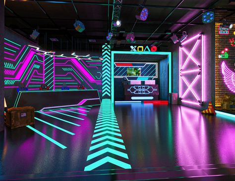 Gaming Booth, Arcade Interior, Neon Game Room, Gaming Event, Bar Deco, Tv Set Design, Nightclub Design, Neon Decor, Laser Tag