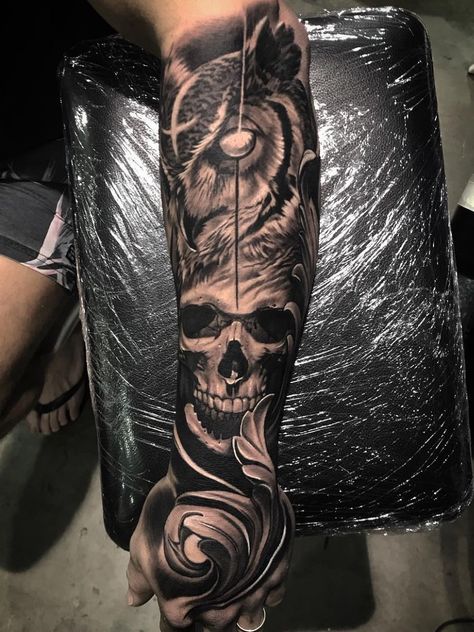 Owl And Skull Tattoo, Skull Tattoo Sleeve, Owl Skull Tattoos, Owl Skull, Skull Rose Tattoos, Skull Sleeve Tattoos, Skull Sleeve, Forarm Tattoos, Forearm Sleeve Tattoos