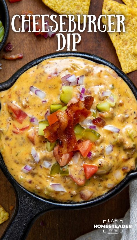 This Cheeseburger Dip gives you all of the flavors and fixings of a classic cheeseburger but in a delicious warm dip. The appetizer is perfect for game day or sharing at a party or gathering. Every time I walked by the skillet, I had to grab a chip and dig (or should I say ‘dip’) in–it’s that addicting! Cheese And Hamburger Dip, Cheese Burger Dip Recipe, Cheese And Burger Dip, Cheeseburger Dippers, Cheese Dip With Hamburger Meat, Layered Cheeseburger Dip, Hamburger Dip, Cheeseburger Dip, Creamy Dip