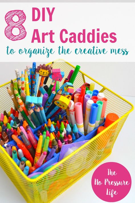 Great ideas to organize kids art supplies and create a simple homework station with a DIY art caddy. Quick + simple portable craft storage ideas. via @nopressurelife Art Caddy, Craft Storage Ideas, Craft Storage Containers, Arts And Crafts For Teens, Art Supply Organization, Kids Art Supplies, Art And Craft Videos, Crafts To Make And Sell, Organization Kids