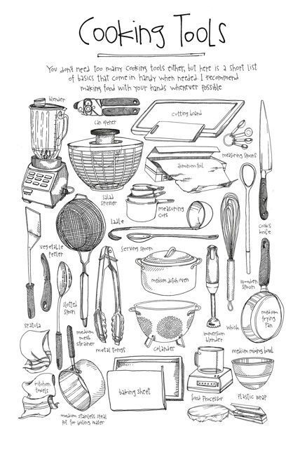 Cooking Tools - illustrated by Lucy Engelman * makes a great handout when teaching people about kitchen tools Culinary Classes, Family And Consumer Science, Food Technology, Food Tech, Home Economics, Cooking Basics, Culinary School, Cooking Equipment, Cooking School