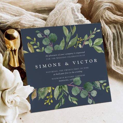 Blue And Green Wedding Invitations, Sage And Olive Green, Frame Wedding Invitation, Dark Blue Wedding, Botanical Frame, Navy Wedding Invitations, Blue Plants, Winter Wedding Invitations, Green Wedding Invitations