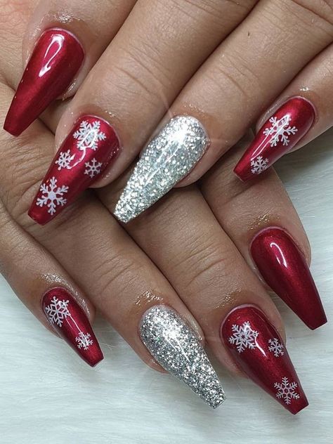 Red Silver Nails Christmas, Christmas Nails Red And Silver Glitter, Red Silver Christmas Nails, Silver And Red Christmas Nails, Christmas Nails Red And Silver, Red Sparkle Christmas Nails, Red Glitter Nail Designs, Silver And Red Nails, Red And Silver Christmas Nails