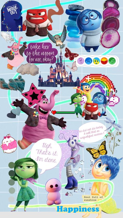 Inside Out = One of my favourite Disney movies. ❤️⭐️✨ #insideout #disney #disneyaesthetic #disneywallpaper Movie Inside Out, Inside Out Characters, Disney Characters Wallpaper, Sunday School Crafts For Kids, Wall Paper Phone, Disney Inside Out, Scrapbook Printing, Cute Laptop Wallpaper, Disney Collage