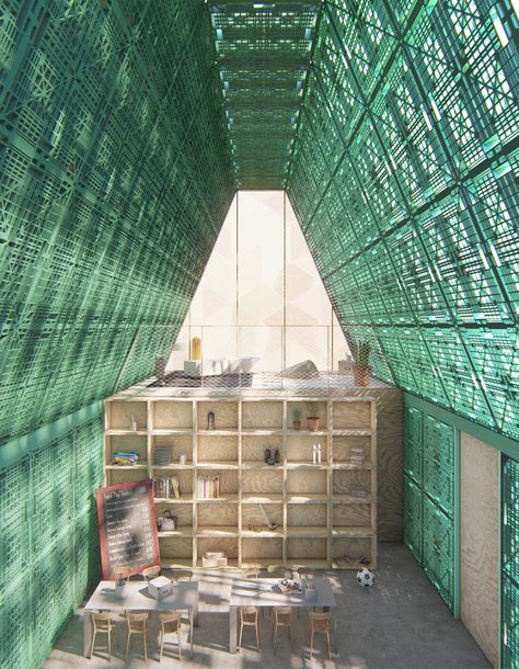 Gallery of Winners Announced for a School Made from Recycled Plastic in Mexico - 2 Corrugated Plastic Roofing, Daniel Garcia, Reuse Plastic Bottles, Pallet House, Plastic Pallets, Interior Design Presentation, Building Roof, Milk Crates, Recycled Pallets