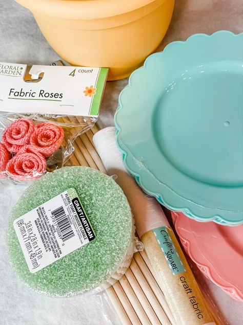 diy Dollar Tree flower - Re-Fabbed Spring Dollar Tree Crafts, Dollar Tree Plates, Dollar Tree Vases, Spring Diy Projects, Dollar Tree Flowers, Easter Plates, Dip Tray, Cheap Crafts, Fabric Roses