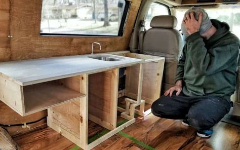 How We Made Custom Kitchen Cabinets for Our DIY Van Build Van Conversion Cabinets, Van Life Kitchen, Diy Van Build, Camper Van Kitchen, Home Van, Building Kitchen Cabinets, Camper Kitchen, Diy Campervan, Small Kitchen Cabinets