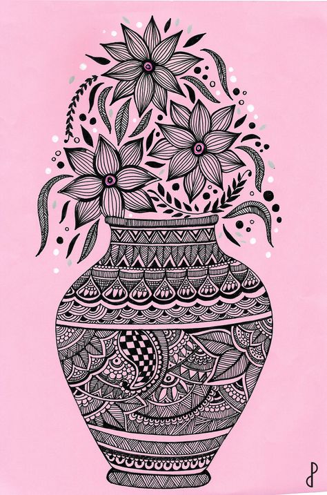 Flower Pot Drawing Painting, Flower Pot Drawing, Pot Drawing, Boho Art Drawings, Mandala Art Therapy, Zen Doodle Art, Doodle Art Drawing, Mandala Art Lesson, Madhubani Art