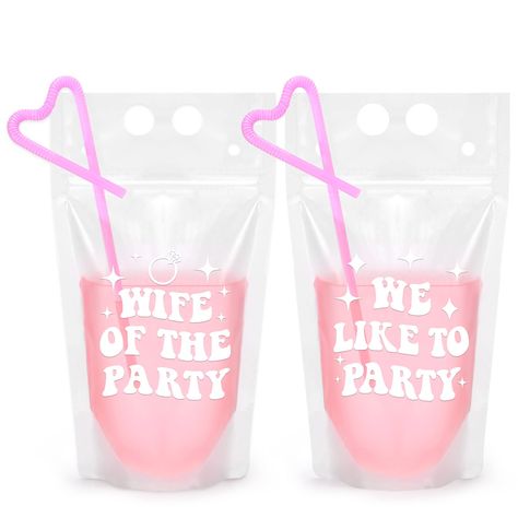 PRICES MAY VARY. WHAT WE INCLUDE - The package contains 16 packs of drink pouches with 16 pcs of pinkk flexible straws. There is one white getting hitched drink pouch for the bride and 15 pinkk getting rowdy drink pouches for bridesmaids. Each pouch is 5*9 inches and can hold 15oz liquid. HIGH QUALITY - These bags are made of premium food-grade drink bag material, which are non-toxic, resealable, reusable and tear-resistant. The flexible straws can easy to bend and shape as users like. EASY TO C Bachelorette Party Drinks, Bachelorette Drink, Wife Of The Party, Drink Pouches, Drink Bag, Cowgirl Party, Bridesmaid Party, Premium Food, Party Cups