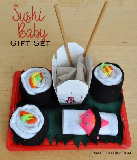 DIY Sushi Baby Shower Gift, Rolled fabric sushi, boy shower gift, cute baby gifts, takeout box gift, Onesie Cupcakes, Theme Baskets, Diy Sushi, Corporate Gift Baskets, Gift Baskets For Women, Nappy Cakes, Baby Shower Gift Basket, Diy Baby Shower Gifts, Aesthetic Gift