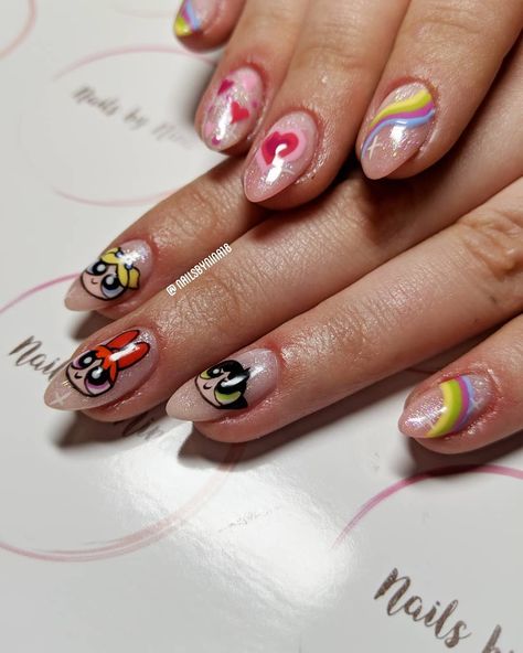 Powerpuff Girl Nail Art, Power Puff Girls Nails, Powerpuff Girls Nail Art, Powerpuff Nails, Hand Drawn Nails, Kids Nails, Bubble Nails, Nails For Kids