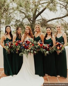 Long dark green bridesmaids dresses with rustic fall bouquets {Aysia Lanae Photography} Dark Green Bridesmaids, Dark Green Bridesmaid Dresses, Green Bridesmaids Dresses, Emerald Wedding Colors, Dark Green Bridesmaid, Rustic Bridesmaid Dresses, Dark Green Wedding, Emerald Green Bridesmaid Dresses, Dark Green Bridesmaid Dress