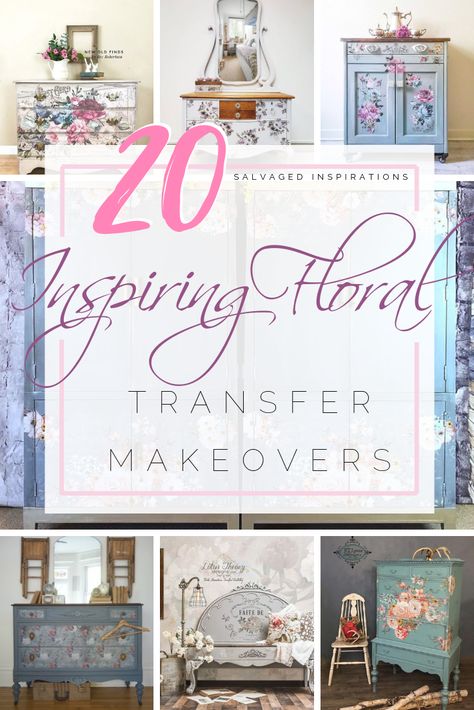 20 Inspiring Floral Transfer Makeovers | DIY Furniture Makeover | Salvaged Inspirations   #redesignwithprima #furnituretransfer #furnituremakeover #paintedfurniture Furniture Transfer Ideas, Bookcase Redo, Vintage Tea Cart, Floral Transfers, Transfers For Furniture, Transfer Techniques, Amazon Flowers, Chest Makeover, Diy Furniture Makeover