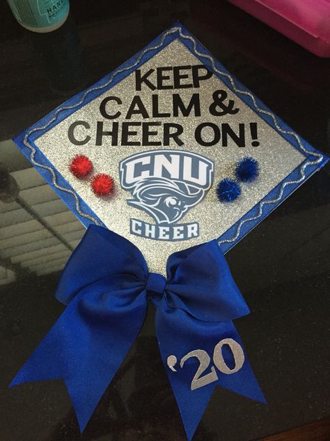 Cheerleader Graduation Cap, Cheer Graduation Cap, Christopher Newport University, Grad Cap Ideas, Senior 25, Caps Ideas, Sr 25, Cheer Pom Poms, Graduation Cap Decoration Diy