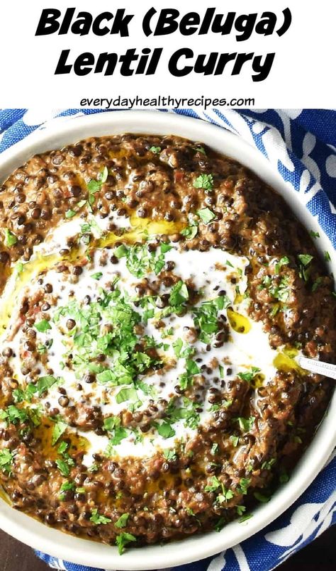 Top down view of creamy black lentil curry in white bowl with spoon. Black Lentil Recipes, Black Lentil Curry, Vegetarian Main Dish, Black Lentils, Vegetarian Main Dishes, Lentil Curry, Lentil Recipes, How To Eat Better, Healthy Delicious