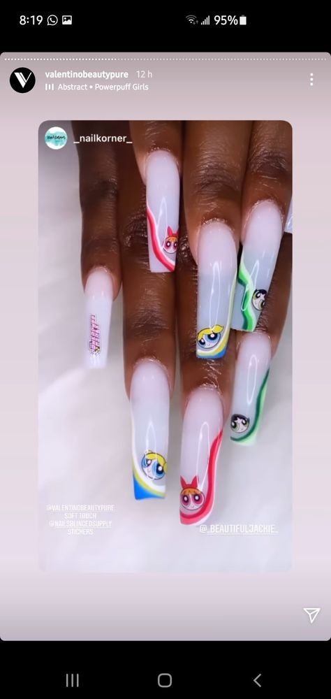 Powerpuff Girls Nails Acrylic, Power Puff Nails, Power Puff Girls Nails, Powerpuff Nails, Cartoon Nails, Summery Nails, Powerpuff Girl, Power Puff, Dope Nail Designs