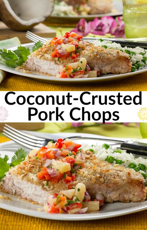 You're going to love these baked pork chops with a tasty, coconutty crust! The homemade pineapple salsa makes them even more special-tasting! Coconut Pork Chops, Baked Tuna Steaks, Coconut Pork, Panko Pork Chops, Baked Tuna, Mr Food Recipes, Crusted Pork Chops, Perfect Pork Chops, Roast Pork Chops