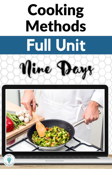 This is a cooking methods unit in both print and digital version included that will have you planned for 9 days of Intro. to Culinary Arts. It includes editable, detailed lesson plans in PowerPoint as well as day-by-day activities, interactive notes, a food lab, a study guide, a review game, and an assessment. Great for Culinary, Homeschool Cooking, and FACS Cooking Curriculum, Cooking Lesson Plans, Homeschool Cooking, Early Childhood Education Curriculum, Culinary Lessons, Cooking In The Classroom, Economics Lessons, Interactive Notes, Arts Classroom