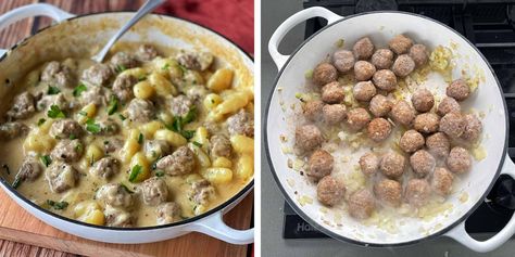 One Pot Creamy Meatballs and Gnocchi - VJ Cooks Creamy Meatballs, Leftover Meatballs, Vj Cooks, Easy Meals For One, Vegetable Stock Cubes, Colby Cheese, Frozen Meatballs, Midweek Meals, Creamy Sauce