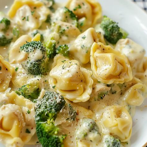 Cheesy Chicken Broccoli Tortellini Chicken Tortellini With Broccoli, Broccoli Chicken Tortellini, Chicken Broccoli Tortellini Crockpot, Creamy Broccoli Tortellini, Creamy Broccoli Tortellini Bake, Broccoli Alfredo Tortellini, Stuffed Tortellini Recipes, Tortellini Chicken Recipes, Chicken Tortellini Casserole